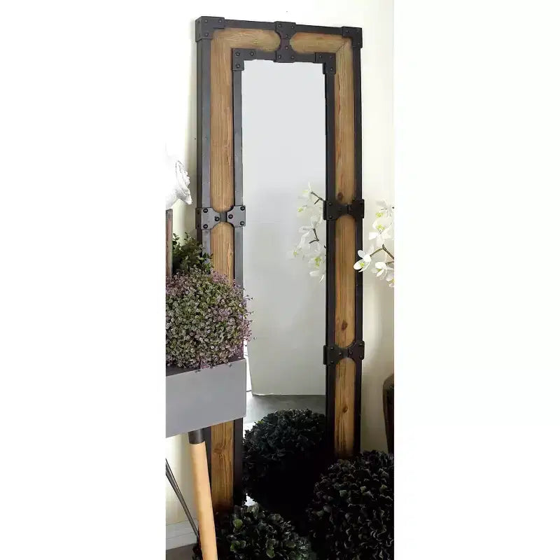 Specchio da Terra Rustico in Legno Marrone: Autoportante, Decorativo, Intagliato, Nessun Montaggio Richiesto