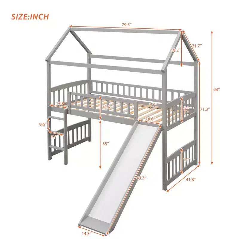 79.5L x 41.8W Letto a castello singolo in stile moderno con scivolo