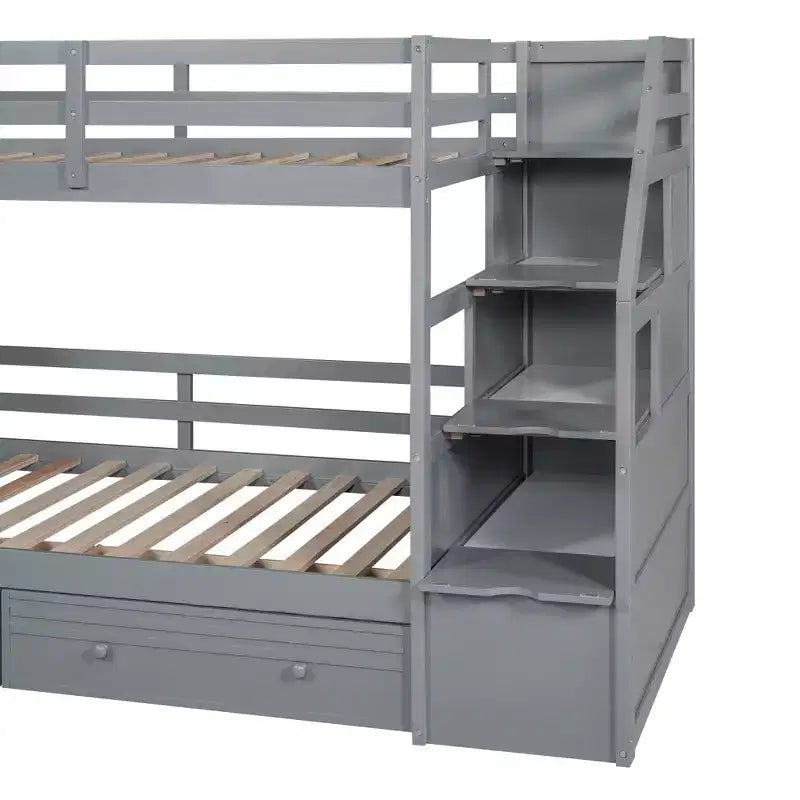 Letto a castello Twin su Twin con scala contenitore, scivolo e cassetti, scrivania con cassetti e ripiani