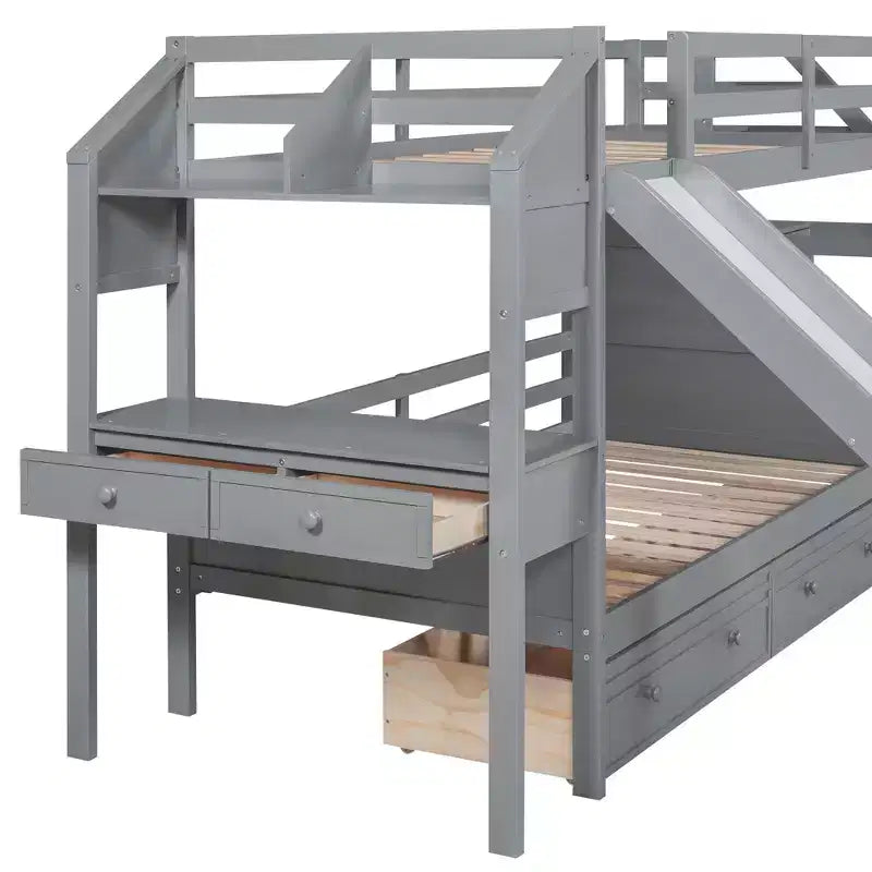 Letto a castello Twin su Twin con scala contenitore, scivolo e cassetti, scrivania con cassetti e ripiani