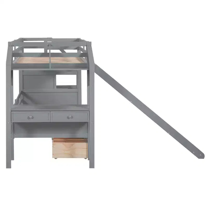 Letto a castello Twin su Twin con scala contenitore, scivolo e cassetti, scrivania con cassetti e ripiani