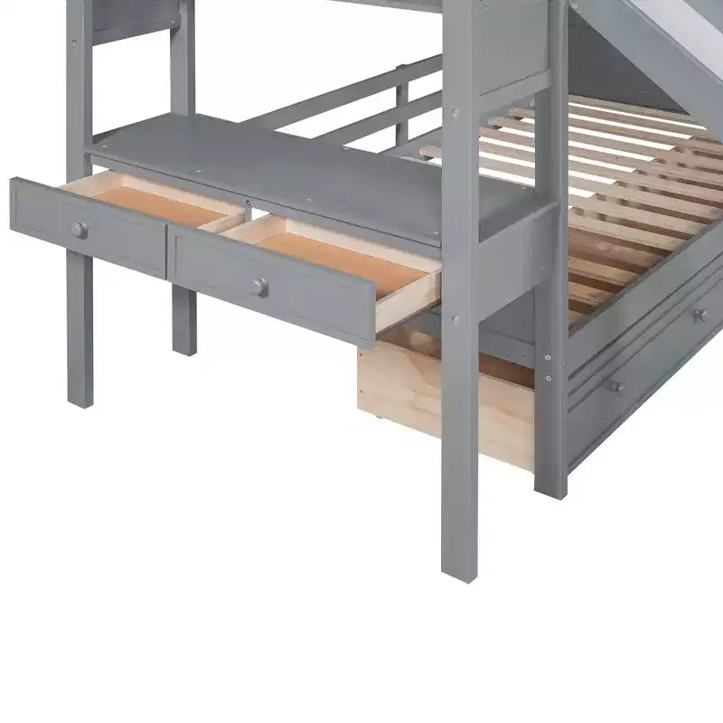 Letto a castello Twin su Twin con scala contenitore, scivolo e cassetti, scrivania con cassetti e ripiani