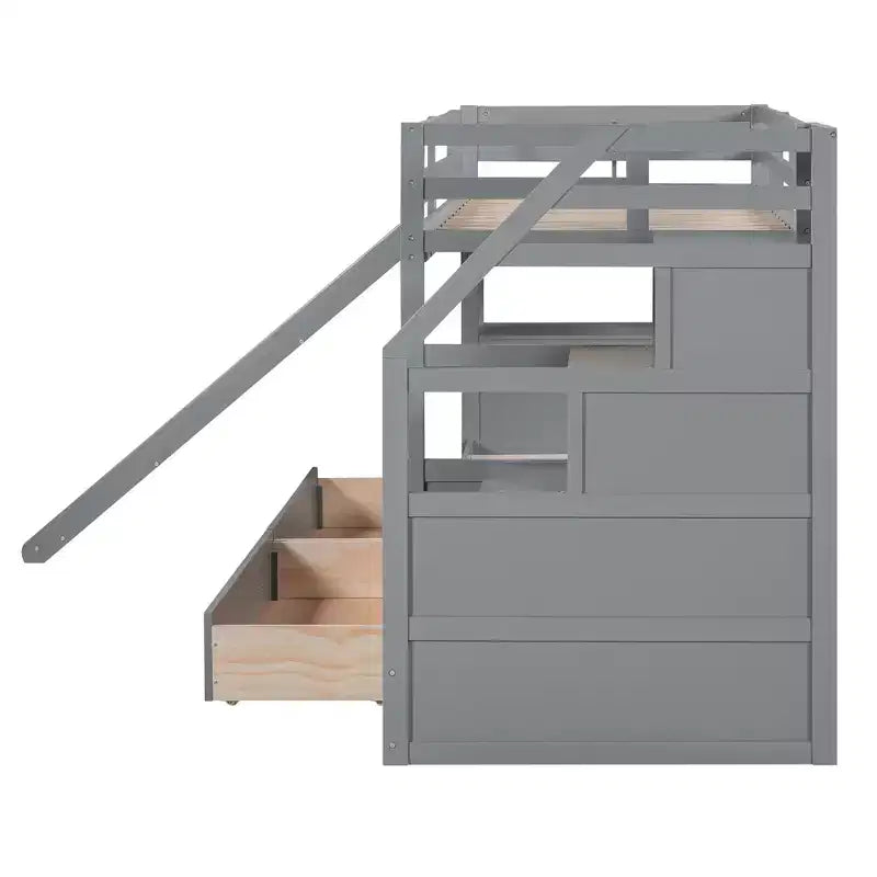 Letto a castello Twin su Twin con scala contenitore, scivolo e cassetti, scrivania con cassetti e ripiani
