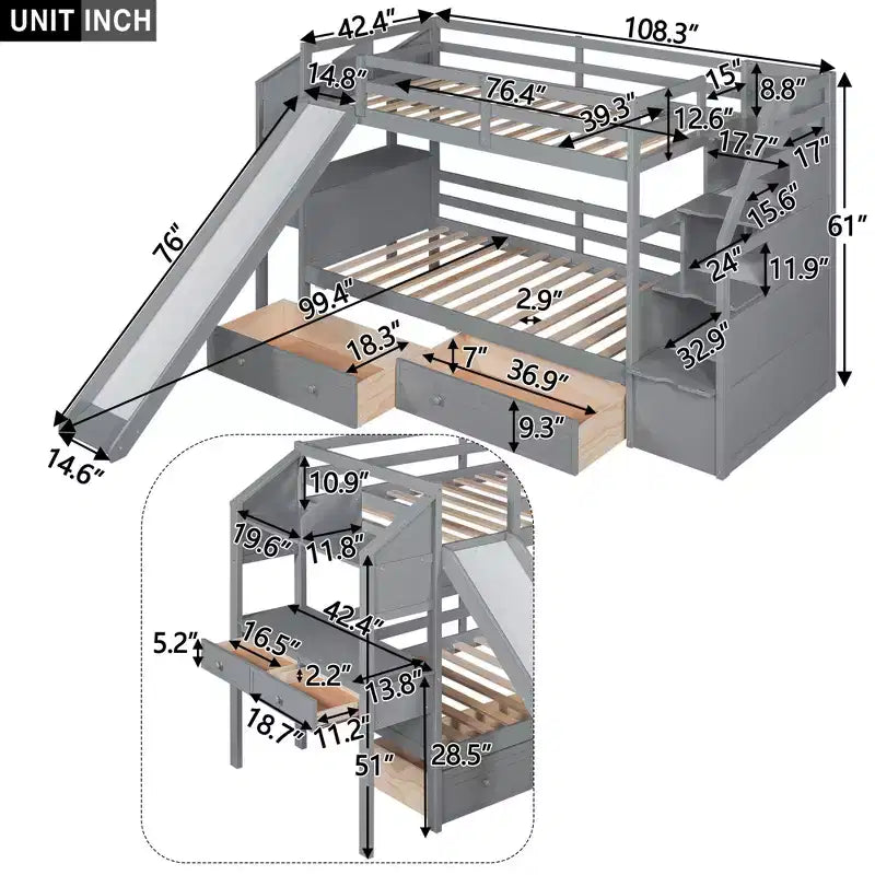Letto a castello Twin su Twin con scala contenitore, scivolo e cassetti, scrivania con cassetti e ripiani