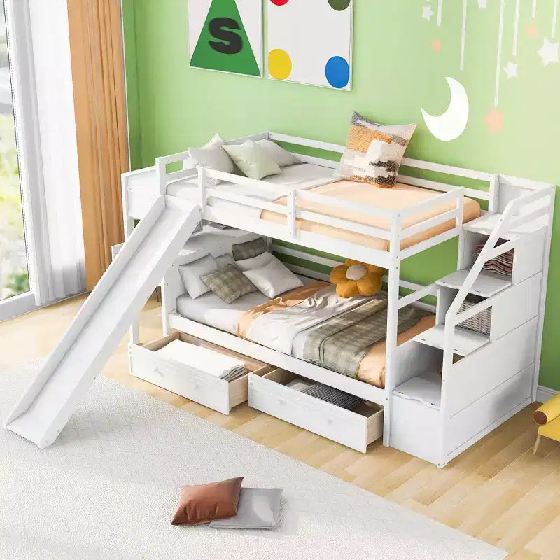 Letto a castello Twin su Twin con scala contenitore, scivolo e cassetti, scrivania con cassetti e ripiani