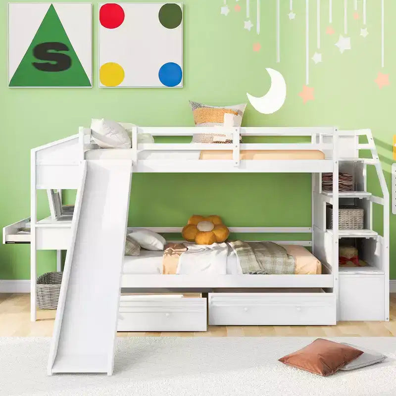 Letto a castello Twin su Twin con scala contenitore, scivolo e cassetti, scrivania con cassetti e ripiani