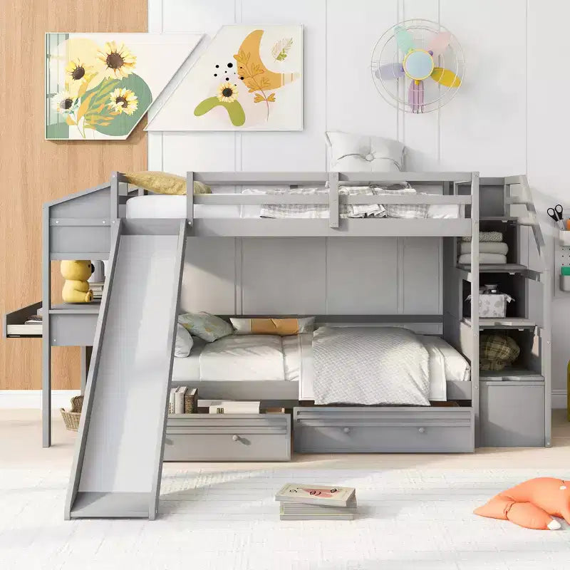 Letto a castello Twin su Twin con scala contenitore, scivolo e cassetti, scrivania con cassetti e ripiani