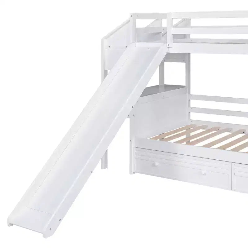 Letto a castello Twin su Twin con scala contenitore, scivolo e cassetti, scrivania con cassetti e ripiani