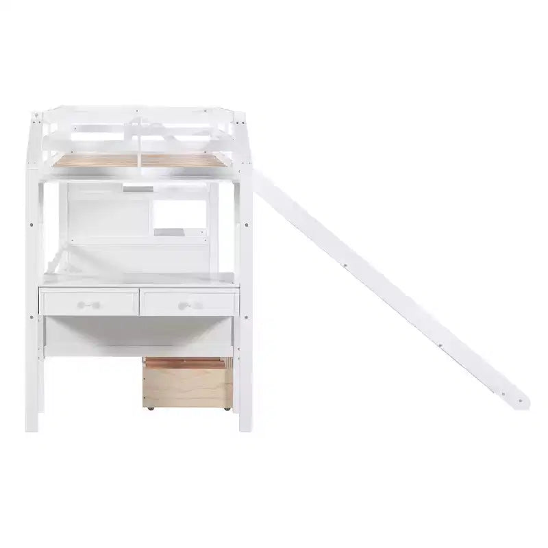 Letto a castello Twin su Twin con scala contenitore, scivolo e cassetti, scrivania con cassetti e ripiani