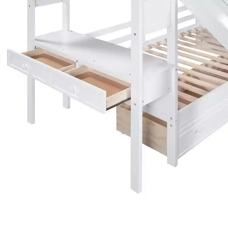 Letto a castello Twin su Twin con scala contenitore, scivolo e cassetti, scrivania con cassetti e ripiani