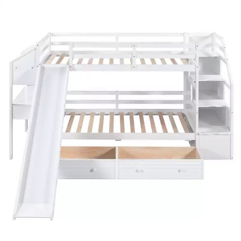 Letto a castello Twin su Twin con scala contenitore, scivolo e cassetti, scrivania con cassetti e ripiani