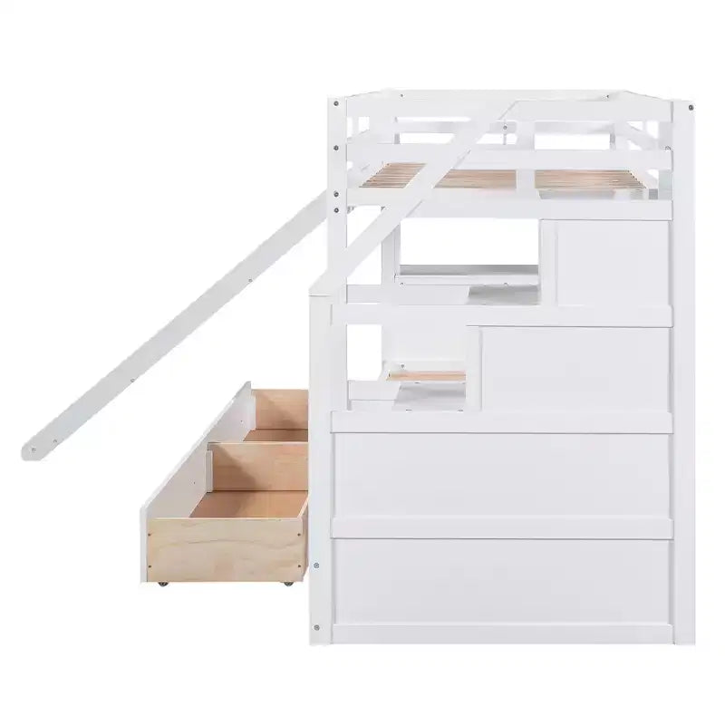 Letto a castello Twin su Twin con scala contenitore, scivolo e cassetti, scrivania con cassetti e ripiani