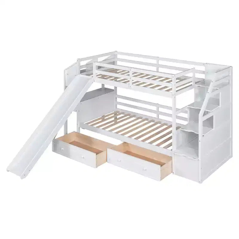 Letto a castello Twin su Twin con scala contenitore, scivolo e cassetti, scrivania con cassetti e ripiani