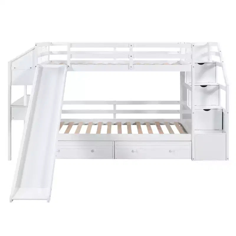 Letto a castello Twin su Twin con scala contenitore, scivolo e cassetti, scrivania con cassetti e ripiani