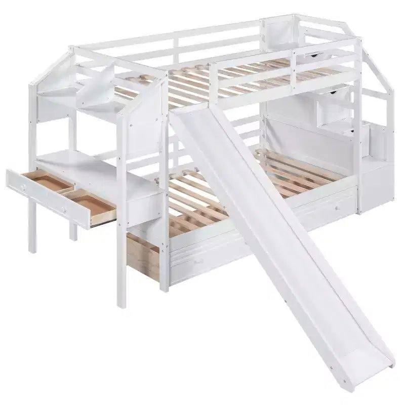 Letto a castello Twin su Twin con scala contenitore, scivolo e cassetti, scrivania con cassetti e ripiani