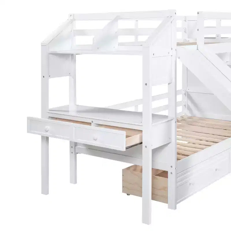 Letto a castello Twin su Twin con scala contenitore, scivolo e cassetti, scrivania con cassetti e ripiani