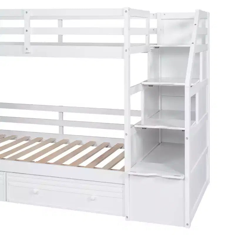 Letto a castello Twin su Twin con scala contenitore, scivolo e cassetti, scrivania con cassetti e ripiani