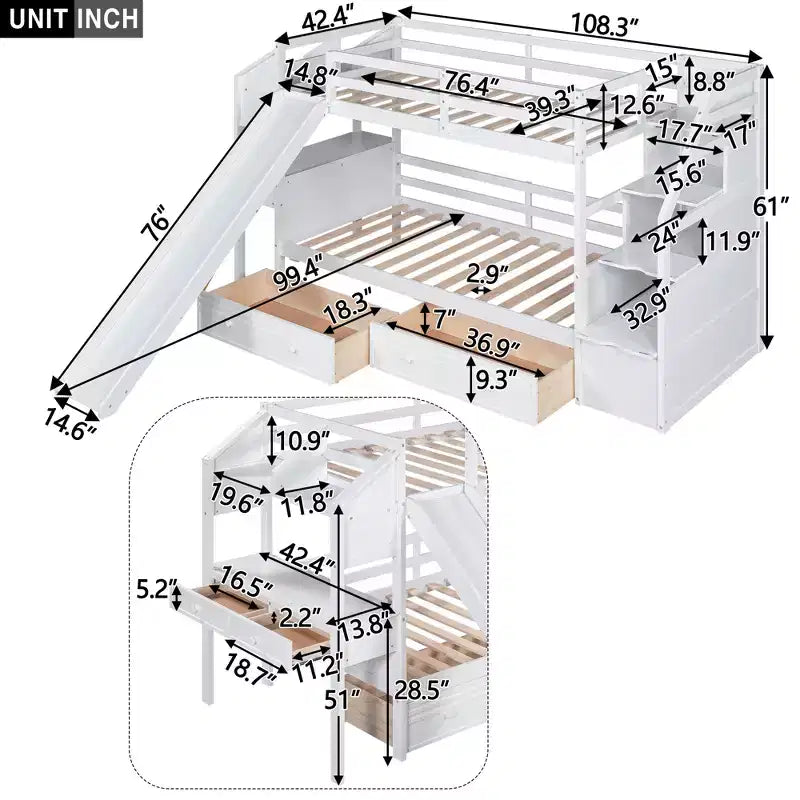 Letto a castello Twin su Twin con scala contenitore, scivolo e cassetti, scrivania con cassetti e ripiani