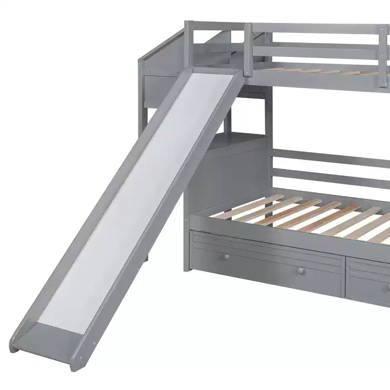 Letto a castello Twin su Twin con scala contenitore, scivolo e cassetti, scrivania con cassetti e ripiani