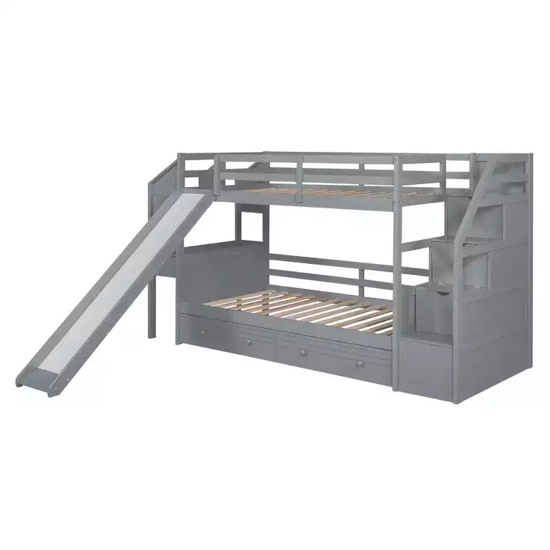 Letto a castello Twin su Twin con scala contenitore, scivolo e cassetti, scrivania con cassetti e ripiani