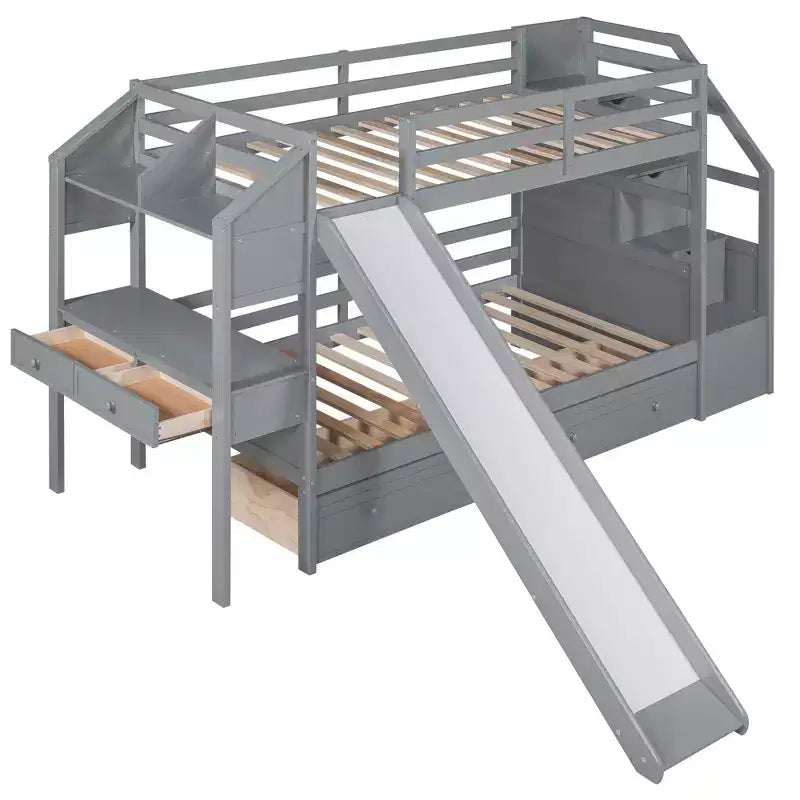 Letto a castello Twin su Twin con scala contenitore, scivolo e cassetti, scrivania con cassetti e ripiani
