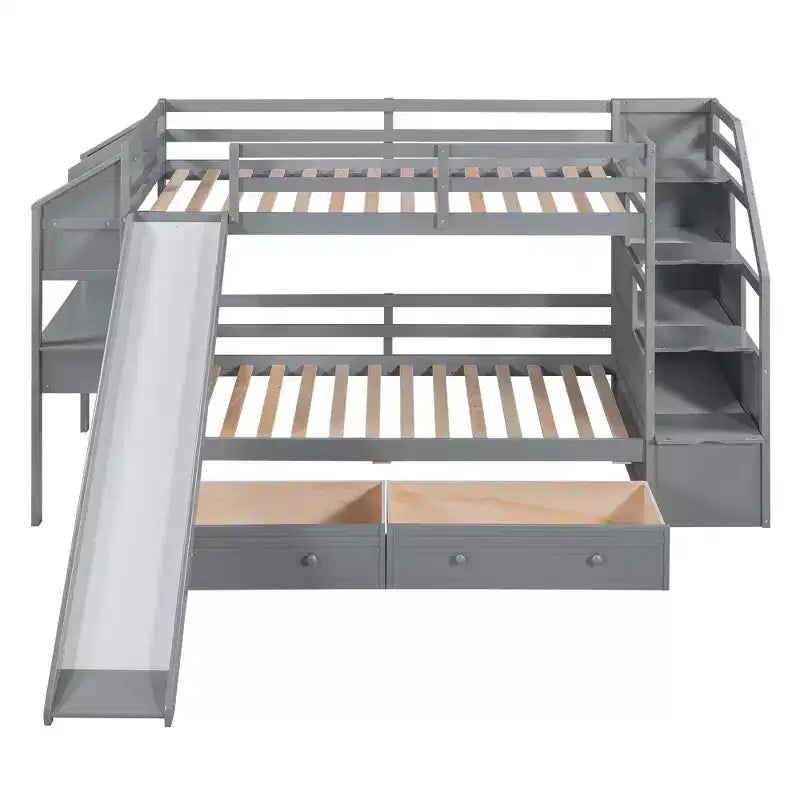 Letto a castello Twin su Twin con scala contenitore, scivolo e cassetti, scrivania con cassetti e ripiani