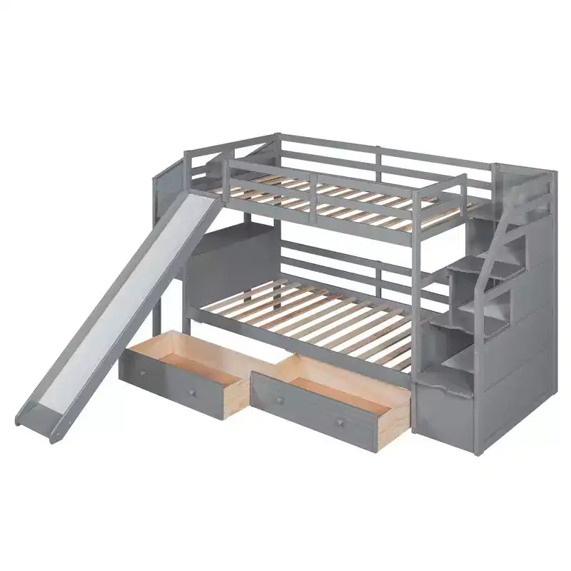 Letto a castello Twin su Twin con scala contenitore, scivolo e cassetti, scrivania con cassetti e ripiani