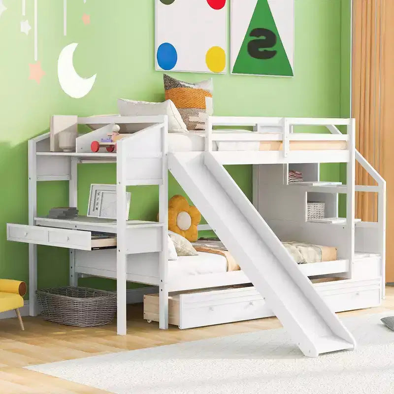 Letto a castello Twin su Twin con scala contenitore, scivolo e cassetti, scrivania con cassetti e ripiani