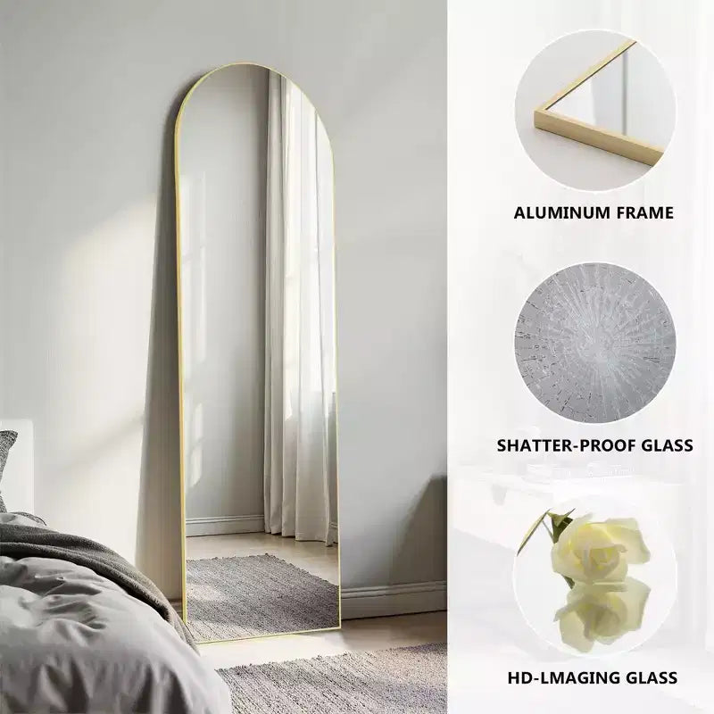 Specchio da terra a figura intera ad angolo retto ad arco da 64 pollici, specchio da parete con cornice sottile in lega di alluminio con staffa