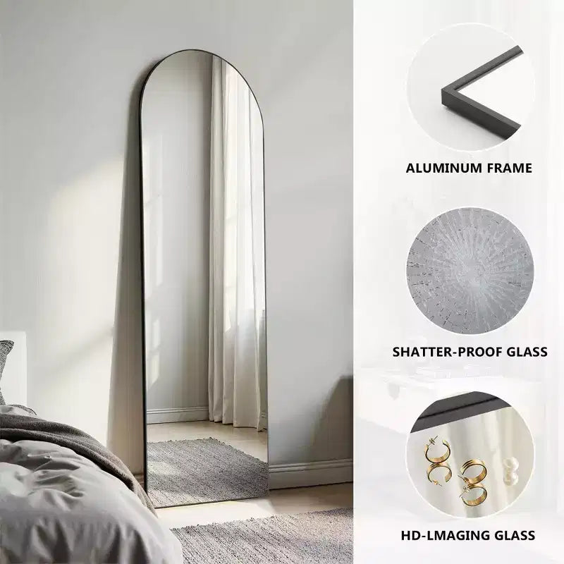 Specchio da terra a figura intera ad angolo retto ad arco da 64 pollici, specchio da parete con cornice sottile in lega di alluminio con staffa