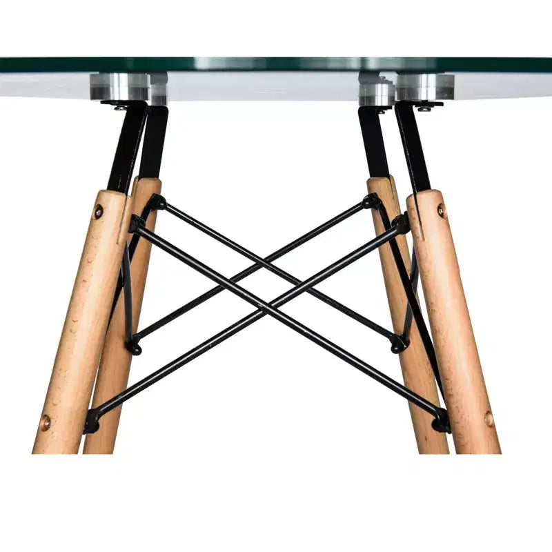 Tavolo rotondo da bistrot Dover - Tavolo da pranzo moderno di metà secolo con piano in vetro temperato o legno MDF e base Eiffel in legno naturale