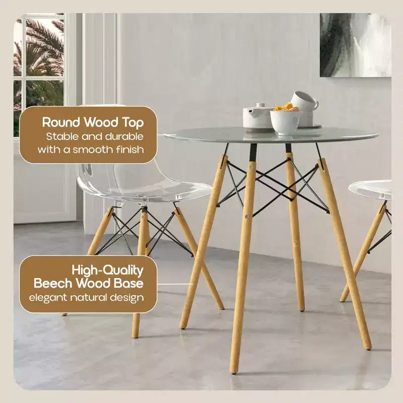 Tavolo rotondo da bistrot Dover - Tavolo da pranzo moderno di metà secolo con piano in vetro temperato o legno MDF e base Eiffel in legno naturale