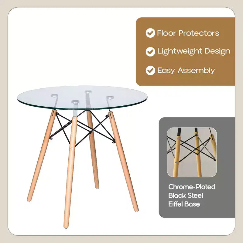 Tavolo rotondo da bistrot Dover - Tavolo da pranzo moderno di metà secolo con piano in vetro temperato o legno MDF e base Eiffel in legno naturale