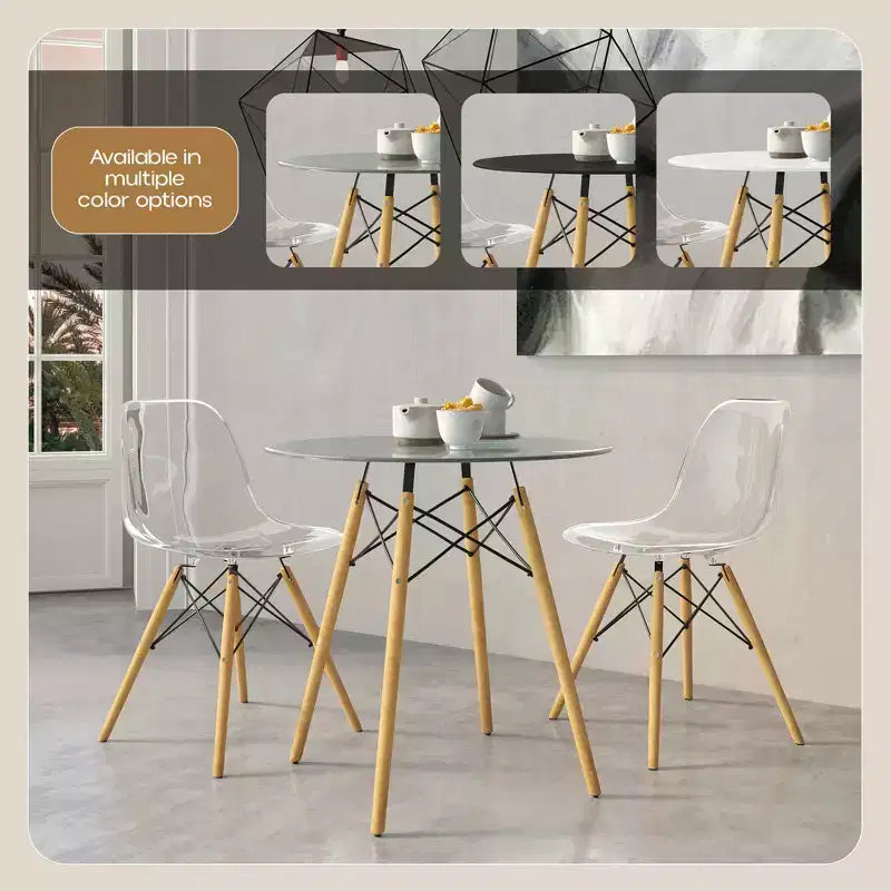 Tavolo rotondo da bistrot Dover - Tavolo da pranzo moderno di metà secolo con piano in vetro temperato o legno MDF e base Eiffel in legno naturale
