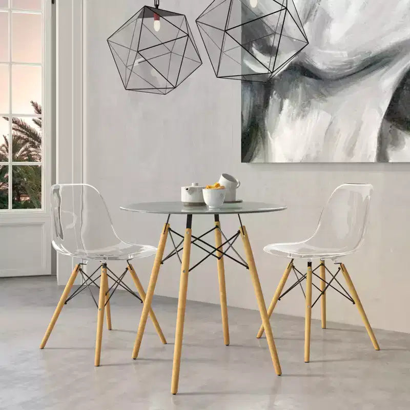 Tavolo rotondo da bistrot Dover - Tavolo da pranzo moderno di metà secolo con piano in vetro temperato o legno MDF e base Eiffel in legno naturale