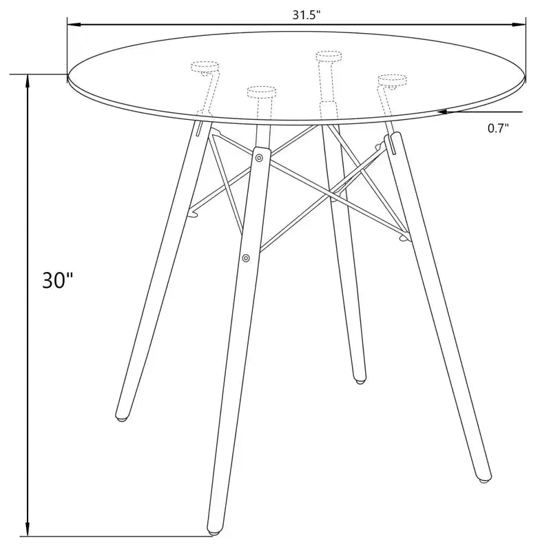 Tavolo rotondo da bistrot Dover - Tavolo da pranzo moderno di metà secolo con piano in vetro temperato o legno MDF e base Eiffel in legno naturale