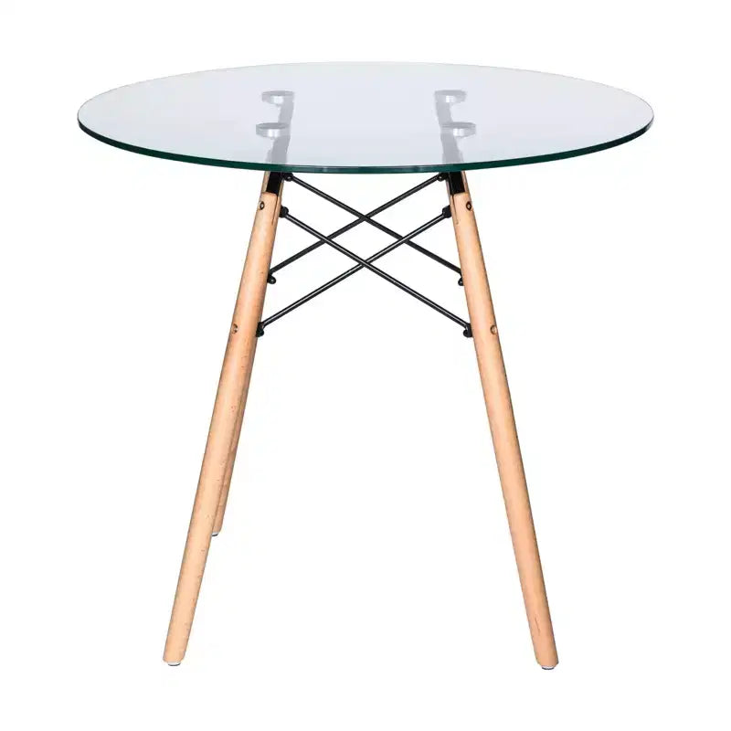 Tavolo rotondo da bistrot Dover - Tavolo da pranzo moderno di metà secolo con piano in vetro temperato o legno MDF e base Eiffel in legno naturale