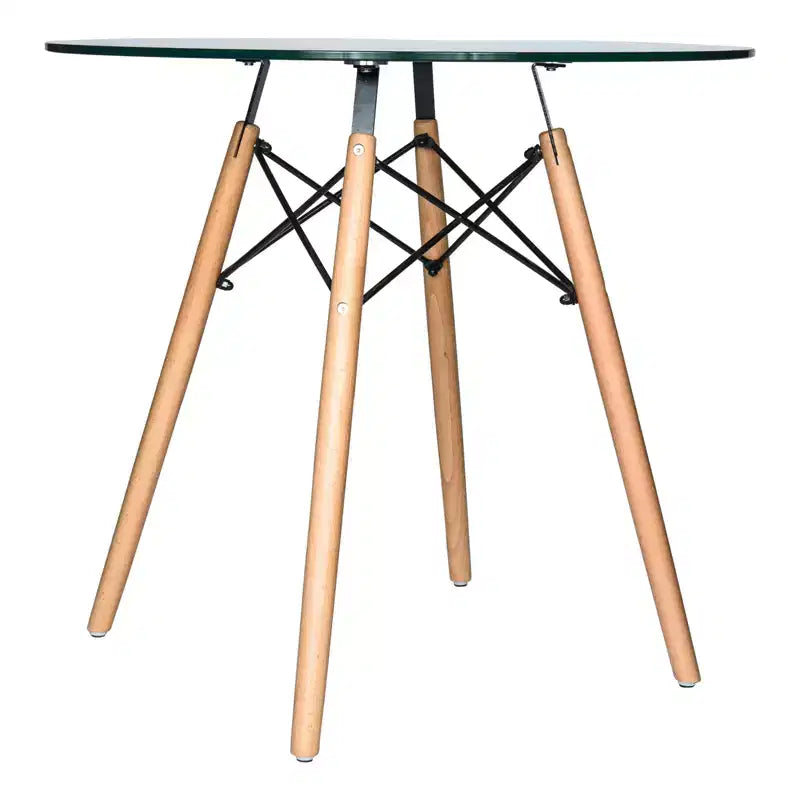 Tavolo rotondo da bistrot Dover - Tavolo da pranzo moderno di metà secolo con piano in vetro temperato o legno MDF e base Eiffel in legno naturale