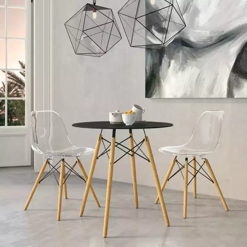 Tavolo rotondo da bistrot Dover - Tavolo da pranzo moderno di metà secolo con piano in vetro temperato o legno MDF e base Eiffel in legno naturale