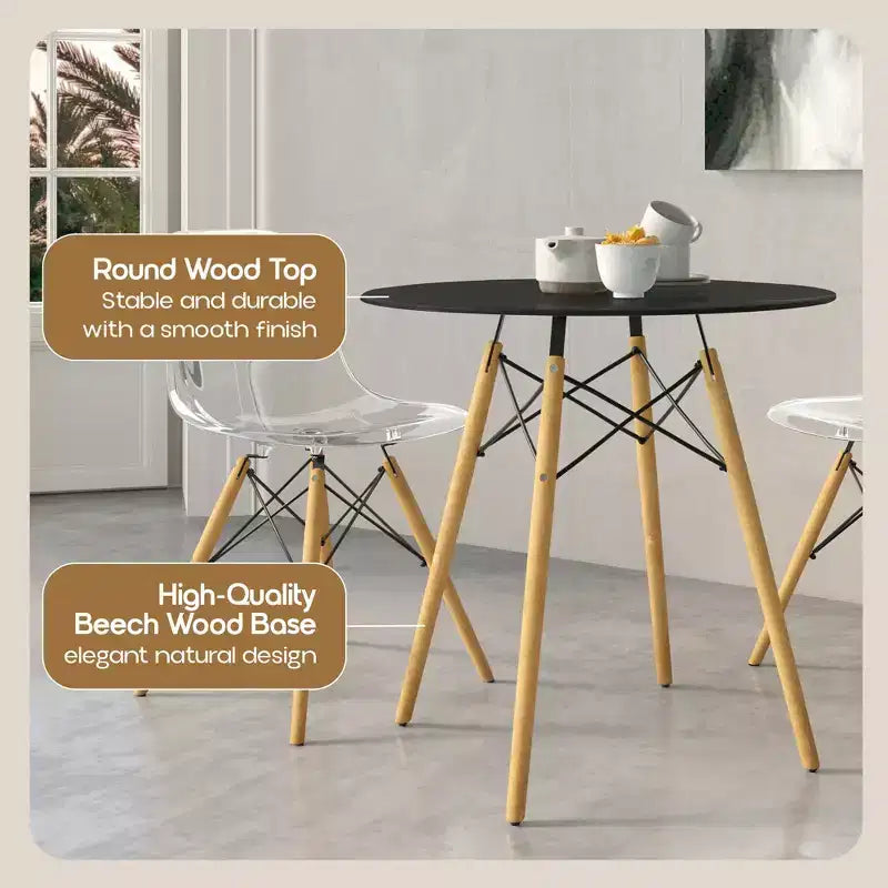 Tavolo rotondo da bistrot Dover - Tavolo da pranzo moderno di metà secolo con piano in vetro temperato o legno MDF e base Eiffel in legno naturale