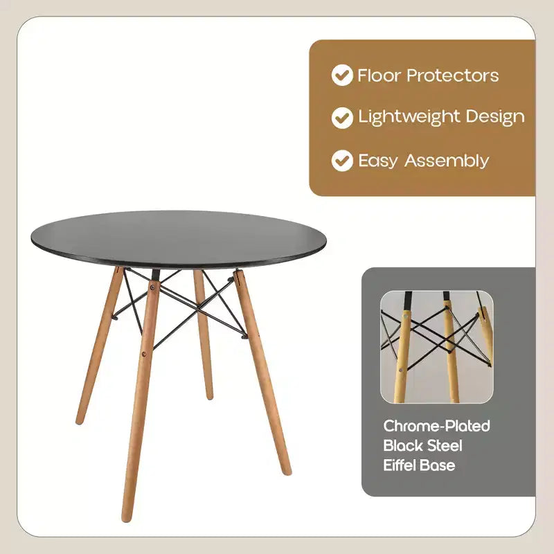 Tavolo rotondo da bistrot Dover - Tavolo da pranzo moderno di metà secolo con piano in vetro temperato o legno MDF e base Eiffel in legno naturale