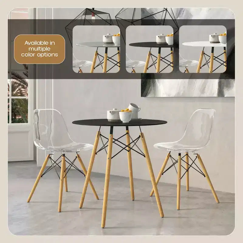 Tavolo rotondo da bistrot Dover - Tavolo da pranzo moderno di metà secolo con piano in vetro temperato o legno MDF e base Eiffel in legno naturale
