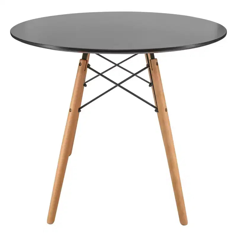 Tavolo rotondo da bistrot Dover - Tavolo da pranzo moderno di metà secolo con piano in vetro temperato o legno MDF e base Eiffel in legno naturale