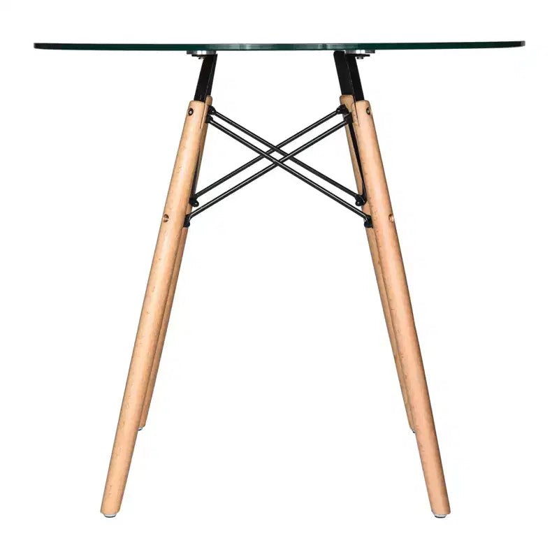 Tavolo rotondo da bistrot Dover - Tavolo da pranzo moderno di metà secolo con piano in vetro temperato o legno MDF e base Eiffel in legno naturale