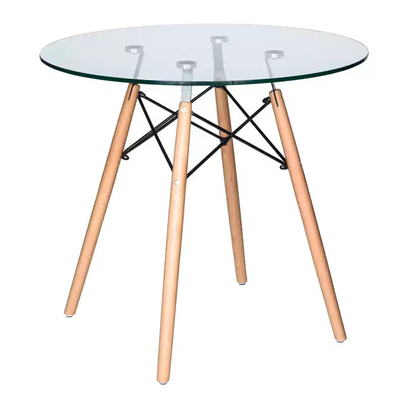 Tavolo rotondo da bistrot Dover - Tavolo da pranzo moderno di metà secolo con piano in vetro temperato o legno MDF e base Eiffel in legno naturale