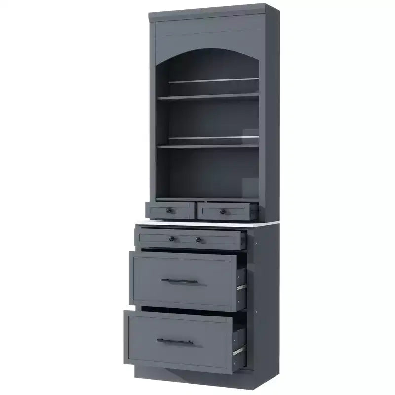 Dispensa da cucina 83.7H, Madia da cucina freestanding con ripiano effetto marmo, Armadio credenza con 5 cassetti e ripiano regolabile