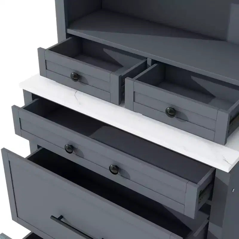 Dispensa da cucina 83.7H, Madia da cucina freestanding con ripiano effetto marmo, Armadio credenza con 5 cassetti e ripiano regolabile