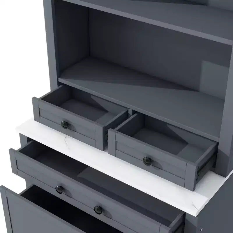 Dispensa da cucina 83.7H, Madia da cucina freestanding con ripiano effetto marmo, Armadio credenza con 5 cassetti e ripiano regolabile