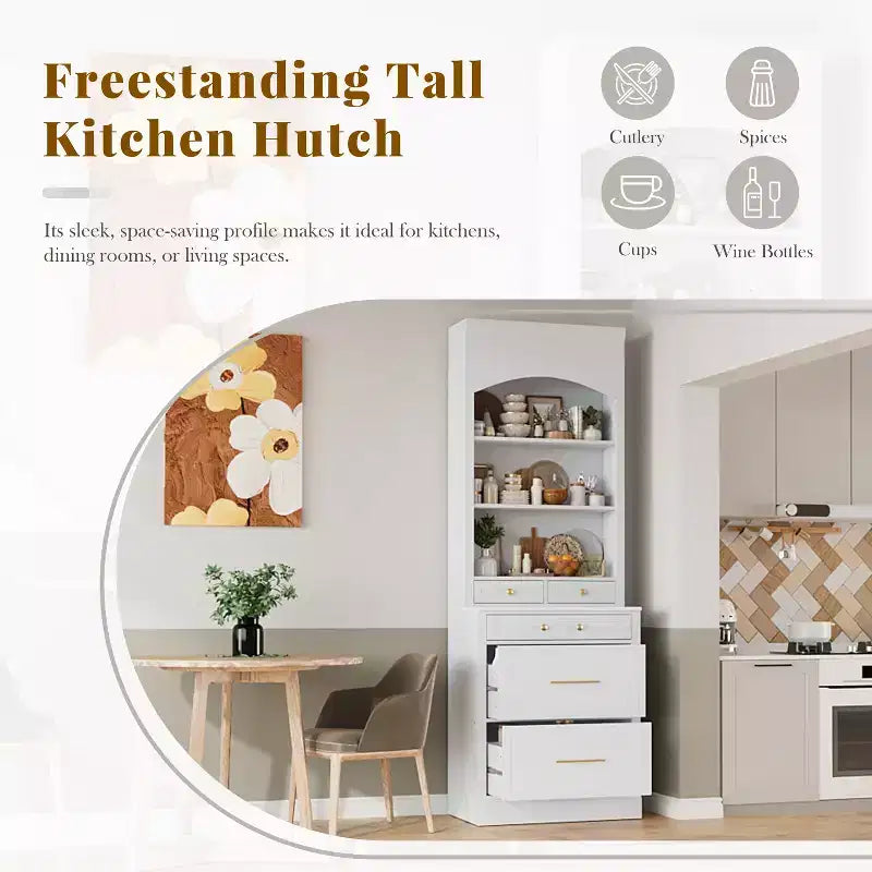 Dispensa da cucina 83.7H, Madia da cucina freestanding con ripiano effetto marmo, Armadio credenza con 5 cassetti e ripiano regolabile