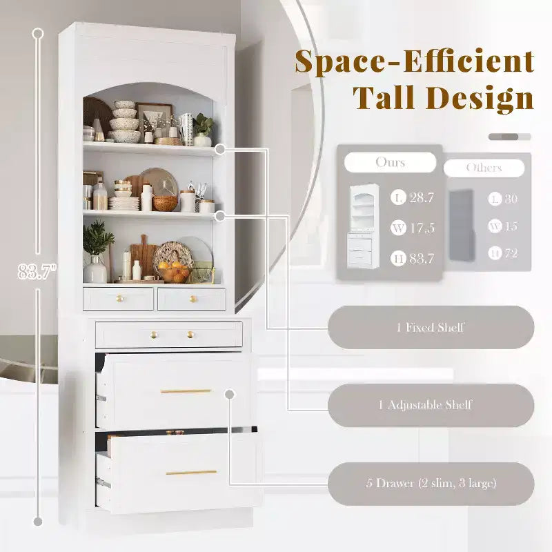Dispensa da cucina 83.7H, Madia da cucina freestanding con ripiano effetto marmo, Armadio credenza con 5 cassetti e ripiano regolabile